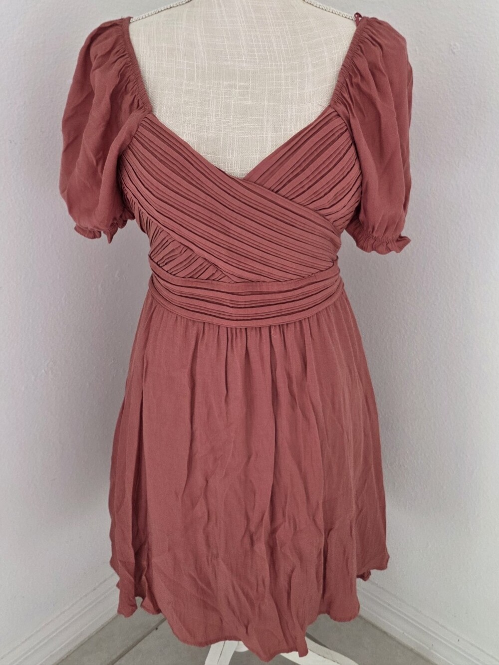 Blu Pepper Rose Rust Puff Sleeve Wrap Mini Dress